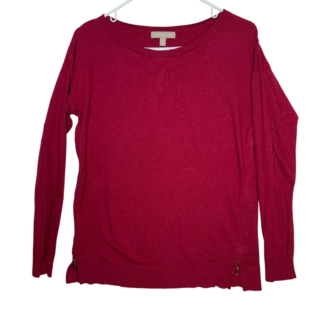 Banana Republic Raspberry Red Long Sleeve Sweater Boat Neck Zip Sides Wool Blend